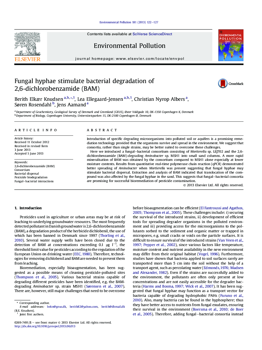 Fungal hyphae stimulate bacterial degradation of 2,6-dichlorobenzamide (BAM)