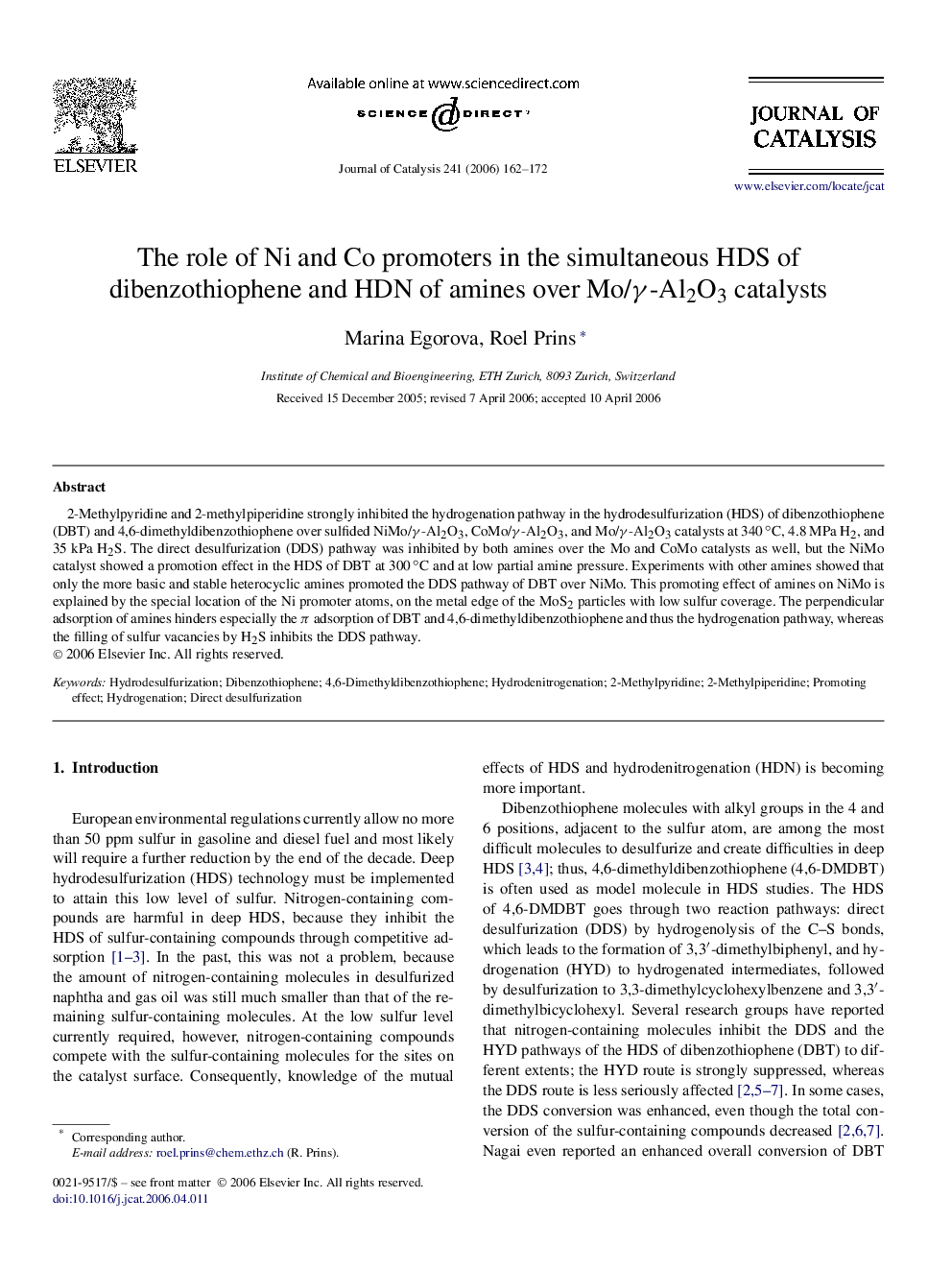 The role of Ni and Co promoters in the simultaneous HDS of dibenzothiophene and HDN of amines over Mo/γ-Al2O3 catalysts