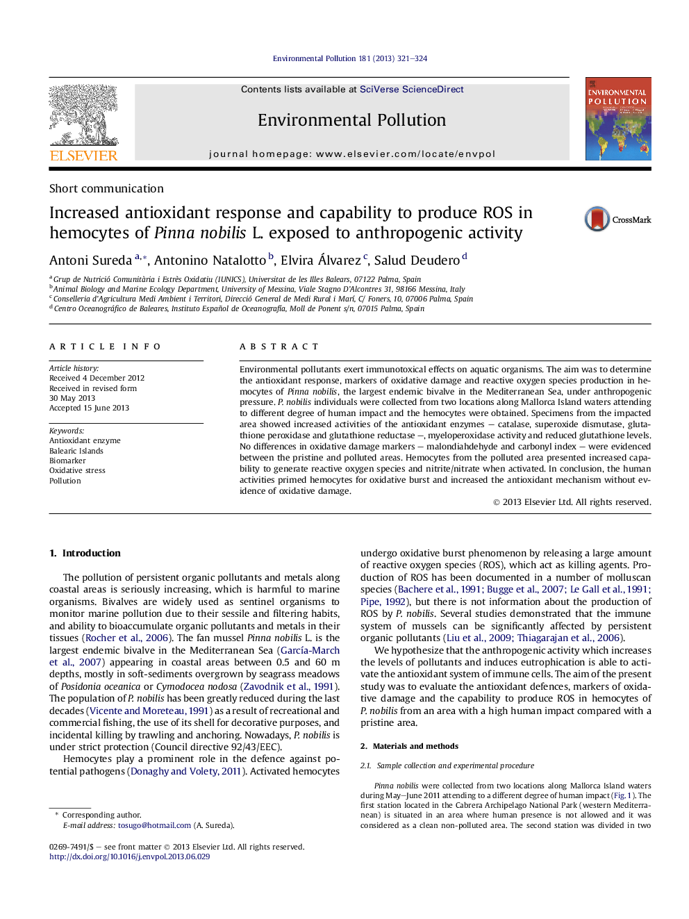 Increased antioxidant response and capability to produce ROS in hemocytes of Pinna nobilis L. exposed to anthropogenic activity