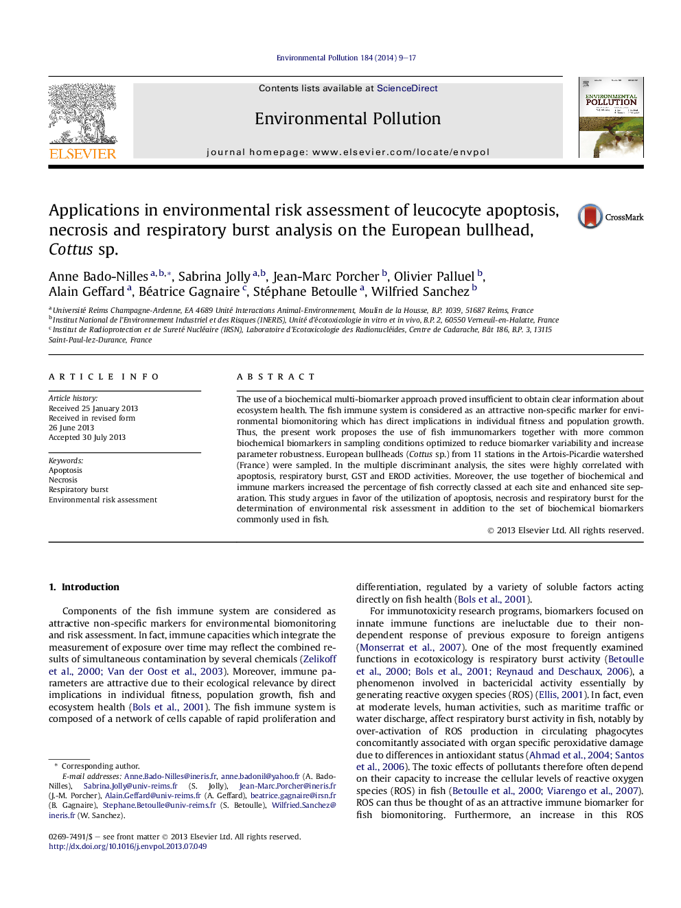 Applications in environmental risk assessment of leucocyte apoptosis, necrosis and respiratory burst analysis on the European bullhead, Cottus sp.