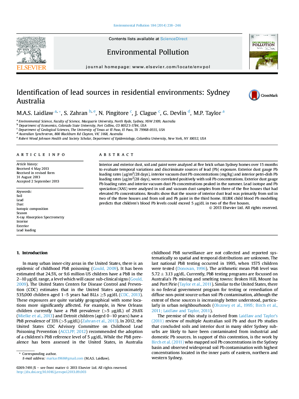 Identification of lead sources in residential environments: Sydney Australia