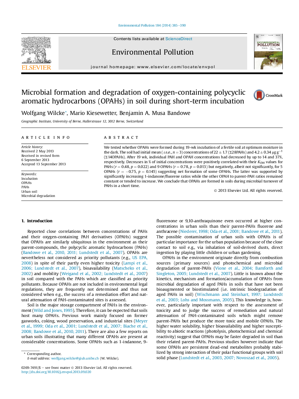 Microbial formation and degradation of oxygen-containing polycyclic aromatic hydrocarbons (OPAHs) in soil during short-term incubation