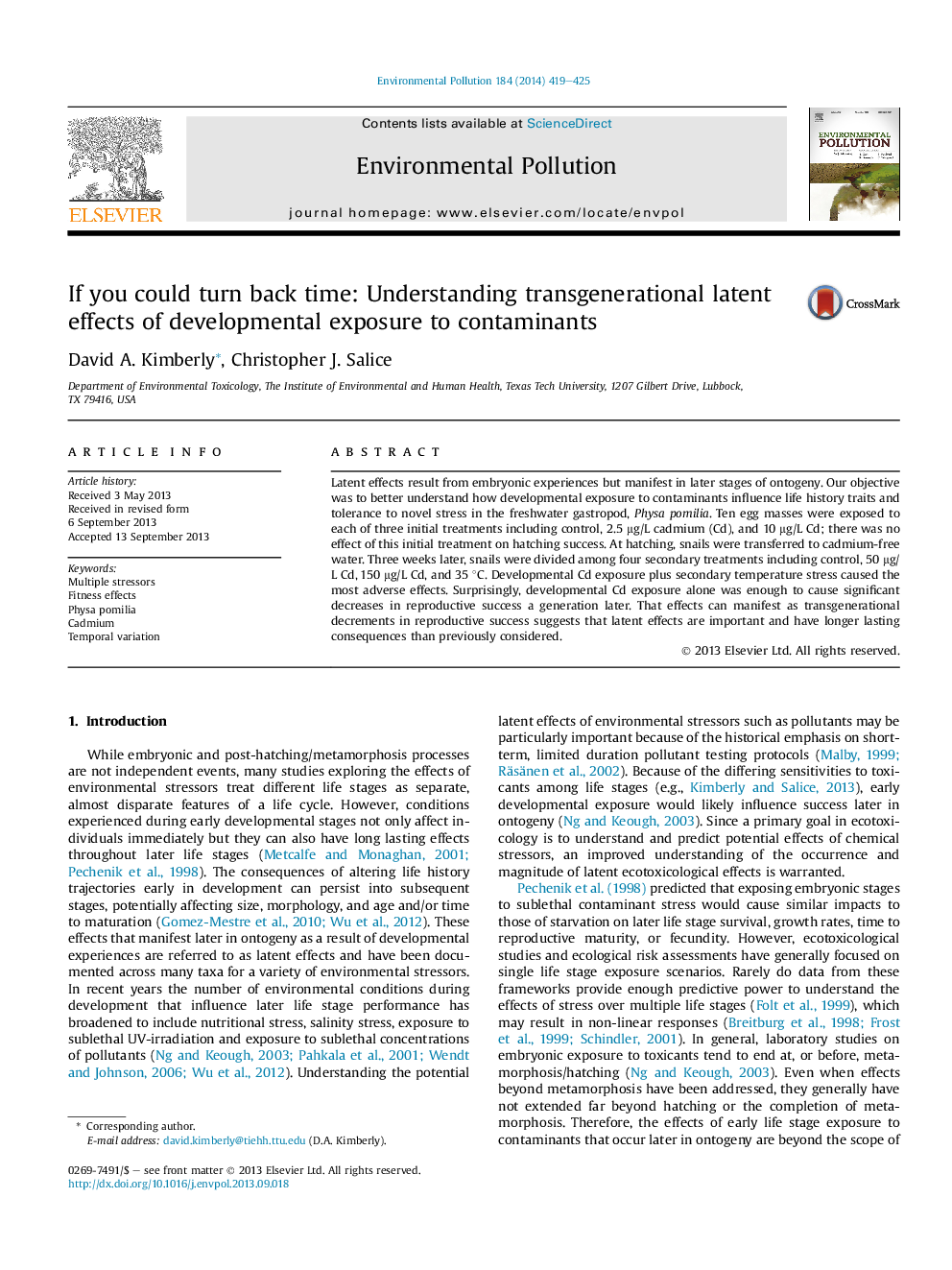 If you could turn back time: Understanding transgenerational latent effects of developmental exposure to contaminants