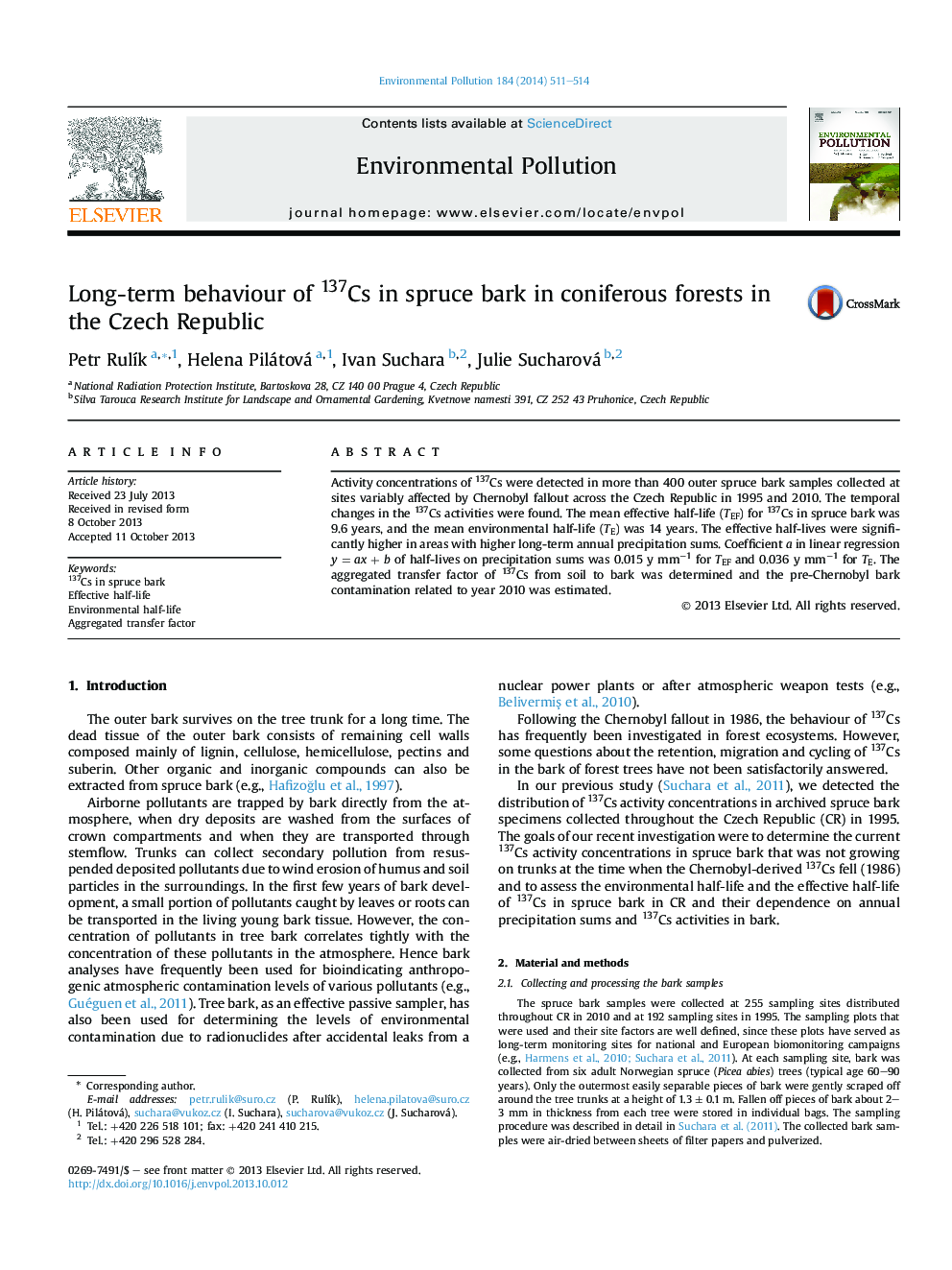عکس صفحه اول مقاله: Long-term behaviour of 137Cs in spruce bark in coniferous forests in the Czech Republic Long-term behaviour of 137Cs in spruce bark in coniferous forests in the Czech Republic
