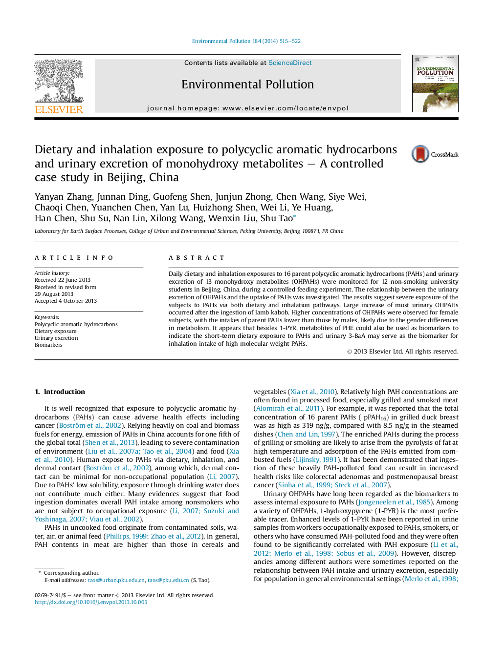 Dietary and inhalation exposure to polycyclic aromatic hydrocarbons and urinary excretion of monohydroxy metabolites - A controlled case study in Beijing, China