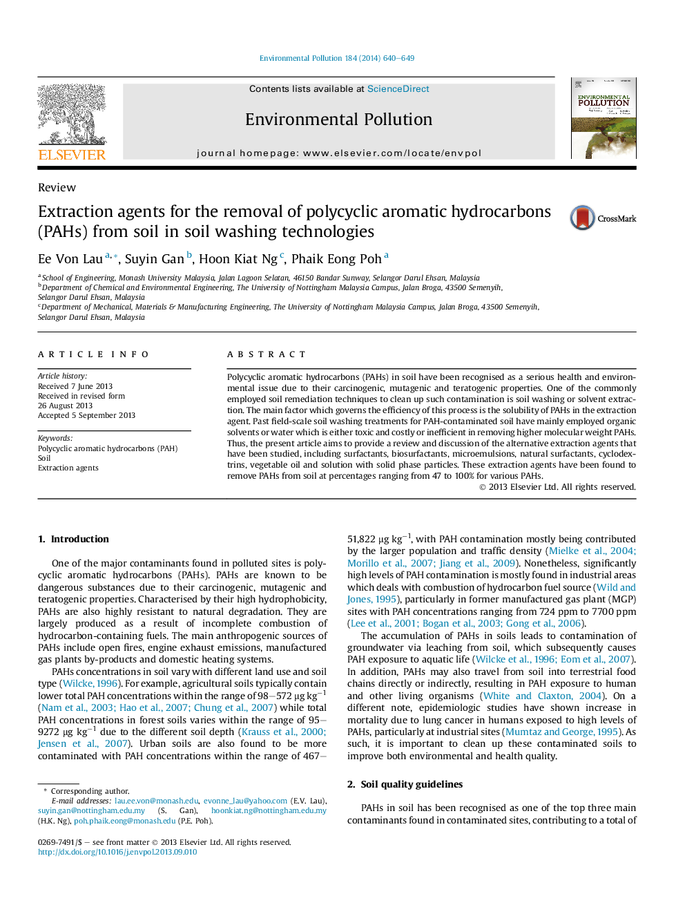 Extraction agents for the removal of polycyclic aromatic hydrocarbons (PAHs) from soil in soil washing technologies