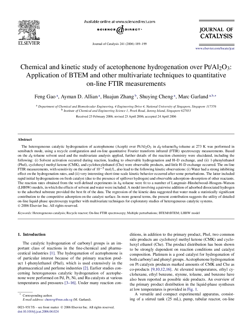 Chemical and kinetic study of acetophenone hydrogenation over Pt/Al2O3: Application of BTEM and other multivariate techniques to quantitative on-line FTIR measurements