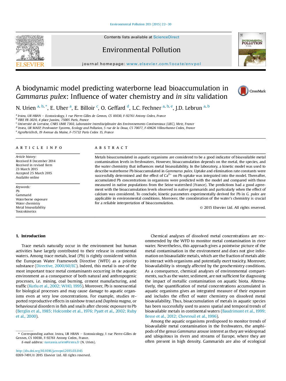 A biodynamic model predicting waterborne lead bioaccumulation in Gammarus pulex: Influence of water chemistry and in situ validation