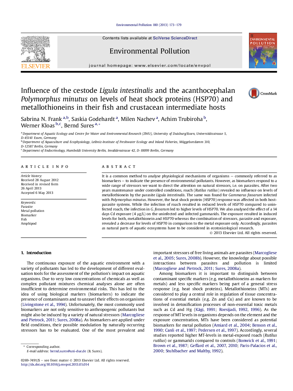 Influence of the cestode Ligula intestinalis and the acanthocephalan Polymorphus minutus on levels of heat shock proteins (HSP70) and metallothioneins in their fish and crustacean intermediate hosts