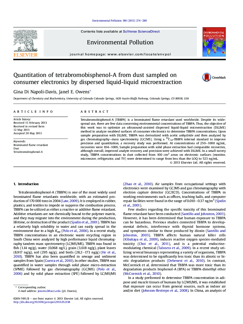 Quantitation of tetrabromobisphenol-A from dust sampled on consumer electronics by dispersed liquid-liquid microextraction