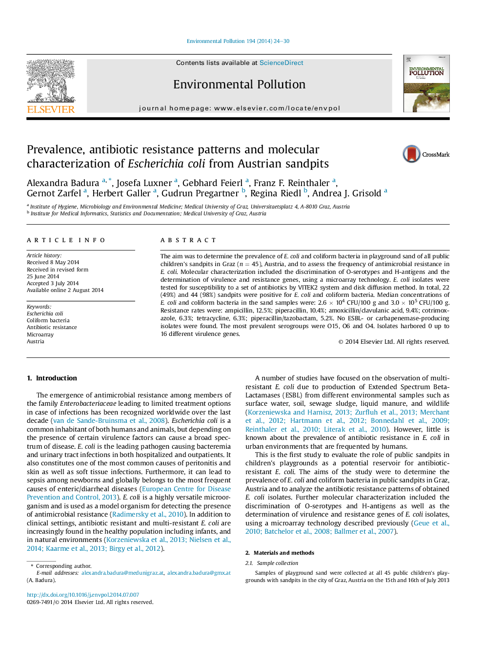 Prevalence, antibiotic resistance patterns and molecular characterization of Escherichia coli from Austrian sandpits