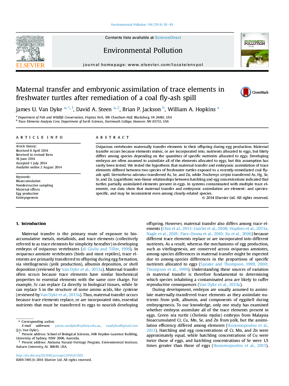 Maternal transfer and embryonic assimilation of trace elements in freshwater turtles after remediation of a coal fly-ash spill