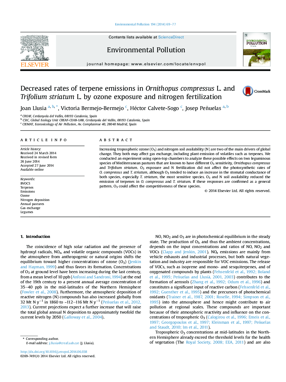 Decreased rates of terpene emissions in Ornithopus compressus L. and Trifolium striatum L. by ozone exposure and nitrogen fertilization