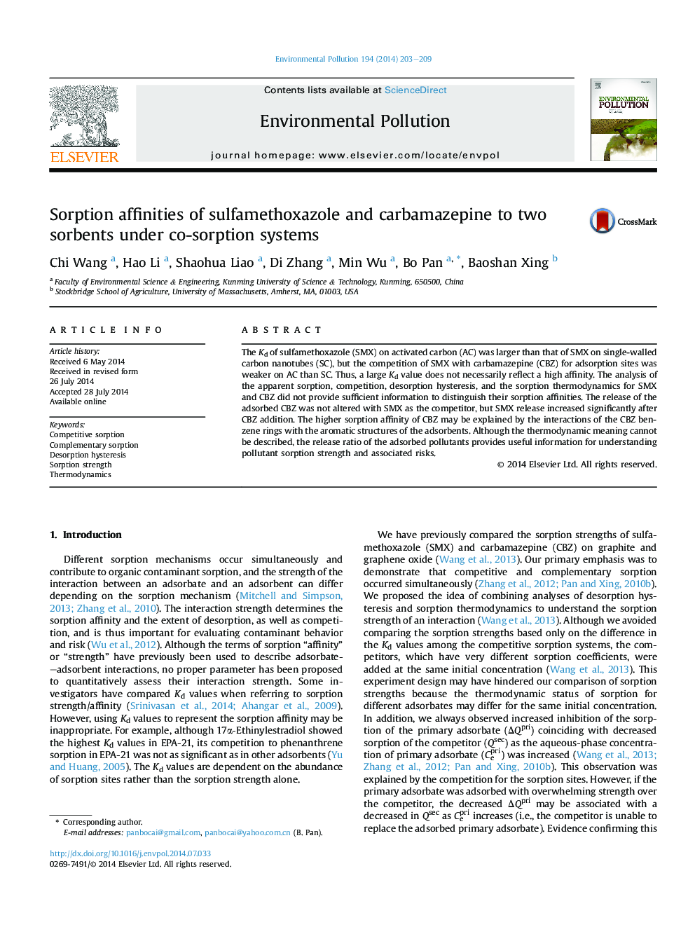 Sorption affinities of sulfamethoxazole and carbamazepine to two sorbents under co-sorption systems