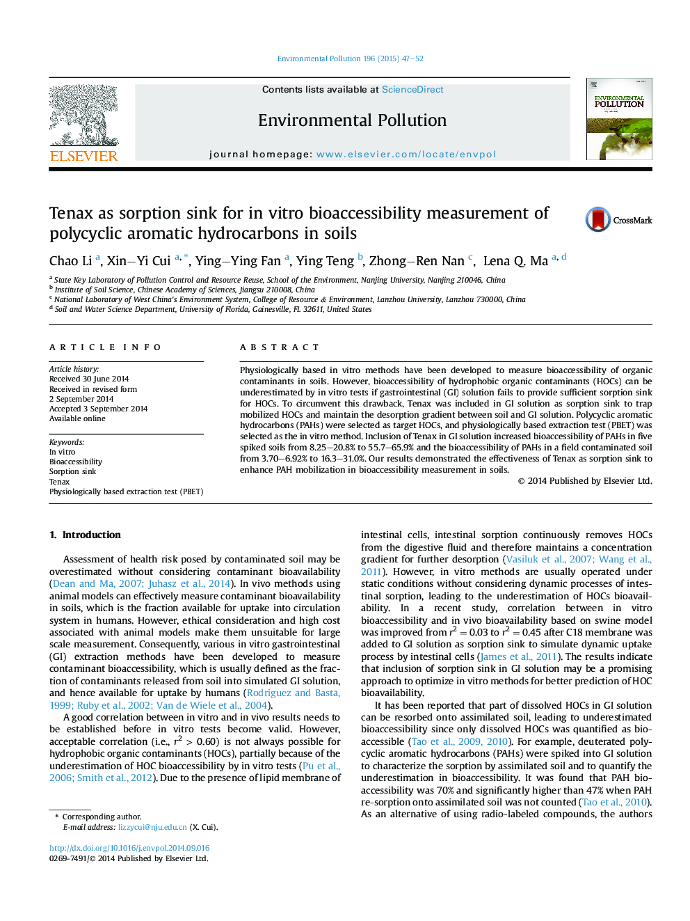 Tenax as sorption sink for inÂ vitro bioaccessibility measurement of polycyclic aromatic hydrocarbons in soils