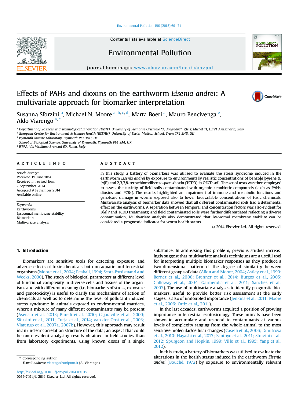 Effects of PAHs and dioxins on the earthworm Eisenia andrei: A multivariate approach for biomarker interpretation