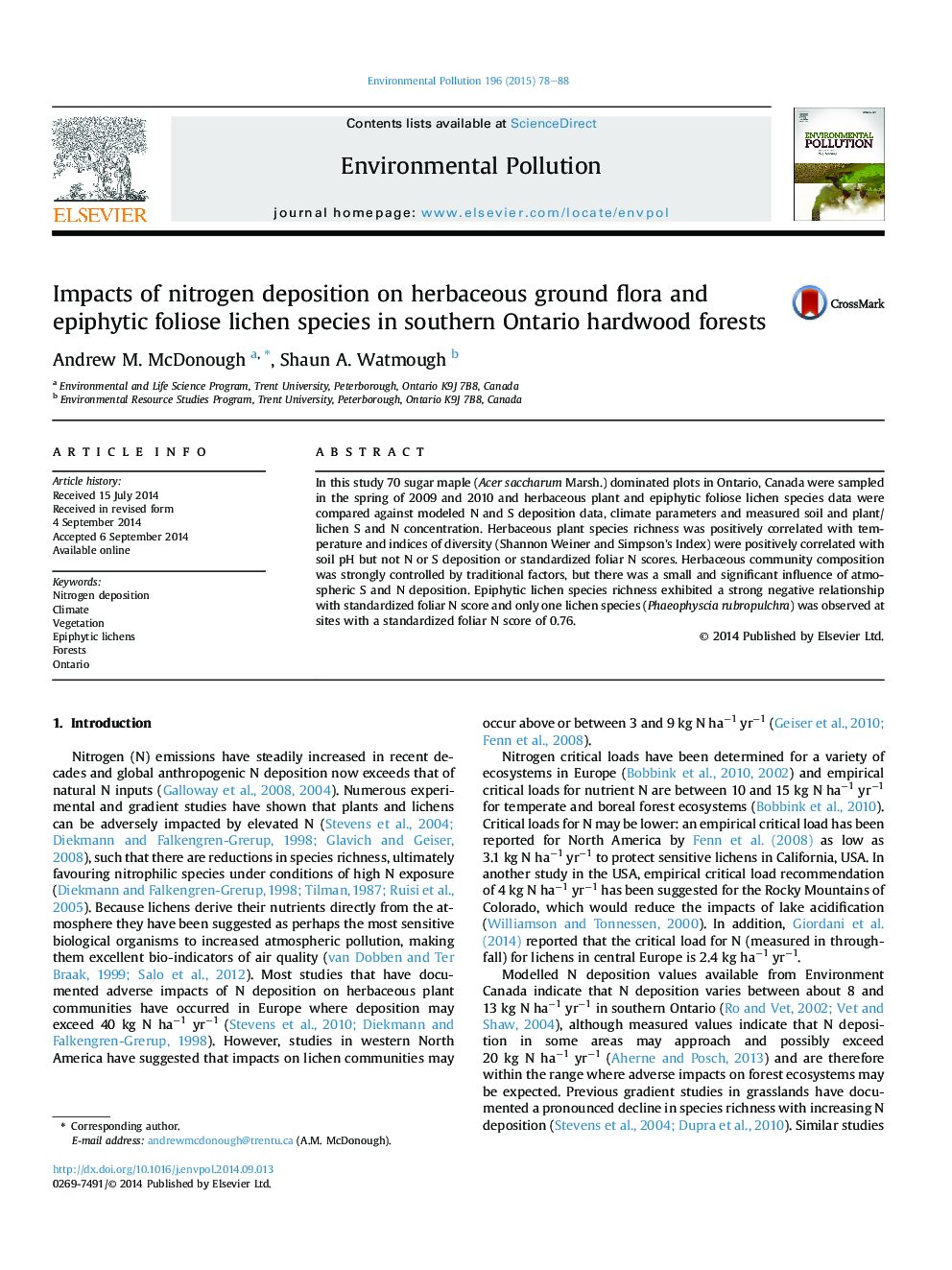 Impacts of nitrogen deposition on herbaceous ground flora and epiphytic foliose lichen species in southern Ontario hardwood forests