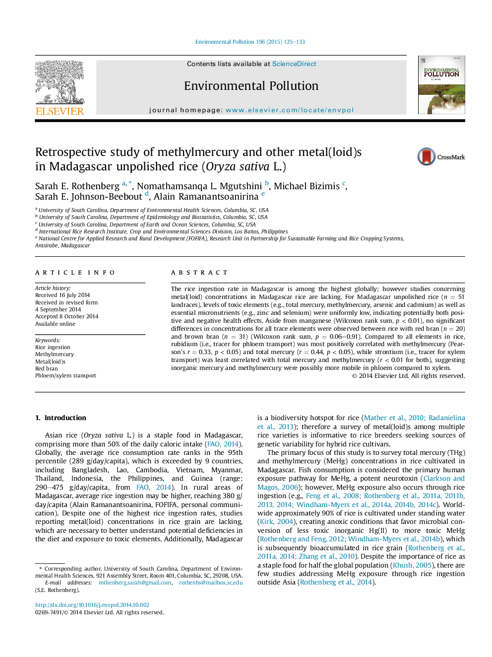 Retrospective study of methylmercury and other metal(loid)s in Madagascar unpolished rice (Oryza sativa L.)