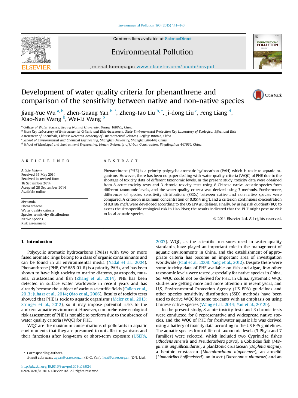 Development of water quality criteria for phenanthrene and comparison of the sensitivity between native and non-native species