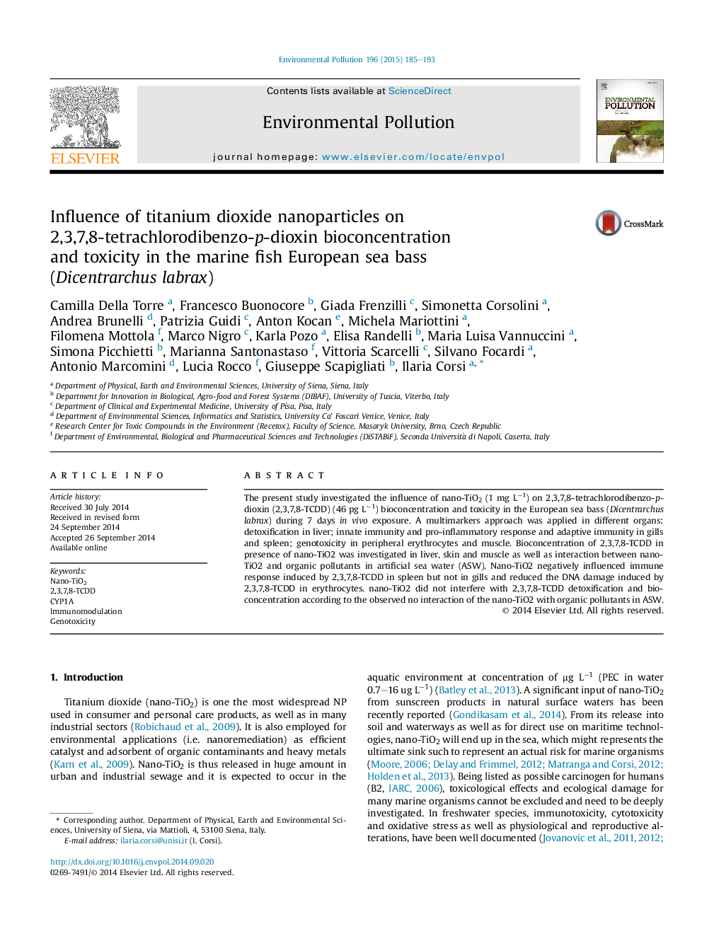 Influence of titanium dioxide nanoparticles on 2,3,7,8-tetrachlorodibenzo-p-dioxin bioconcentration and toxicity in the marine fish European sea bass (Dicentrarchus labrax)