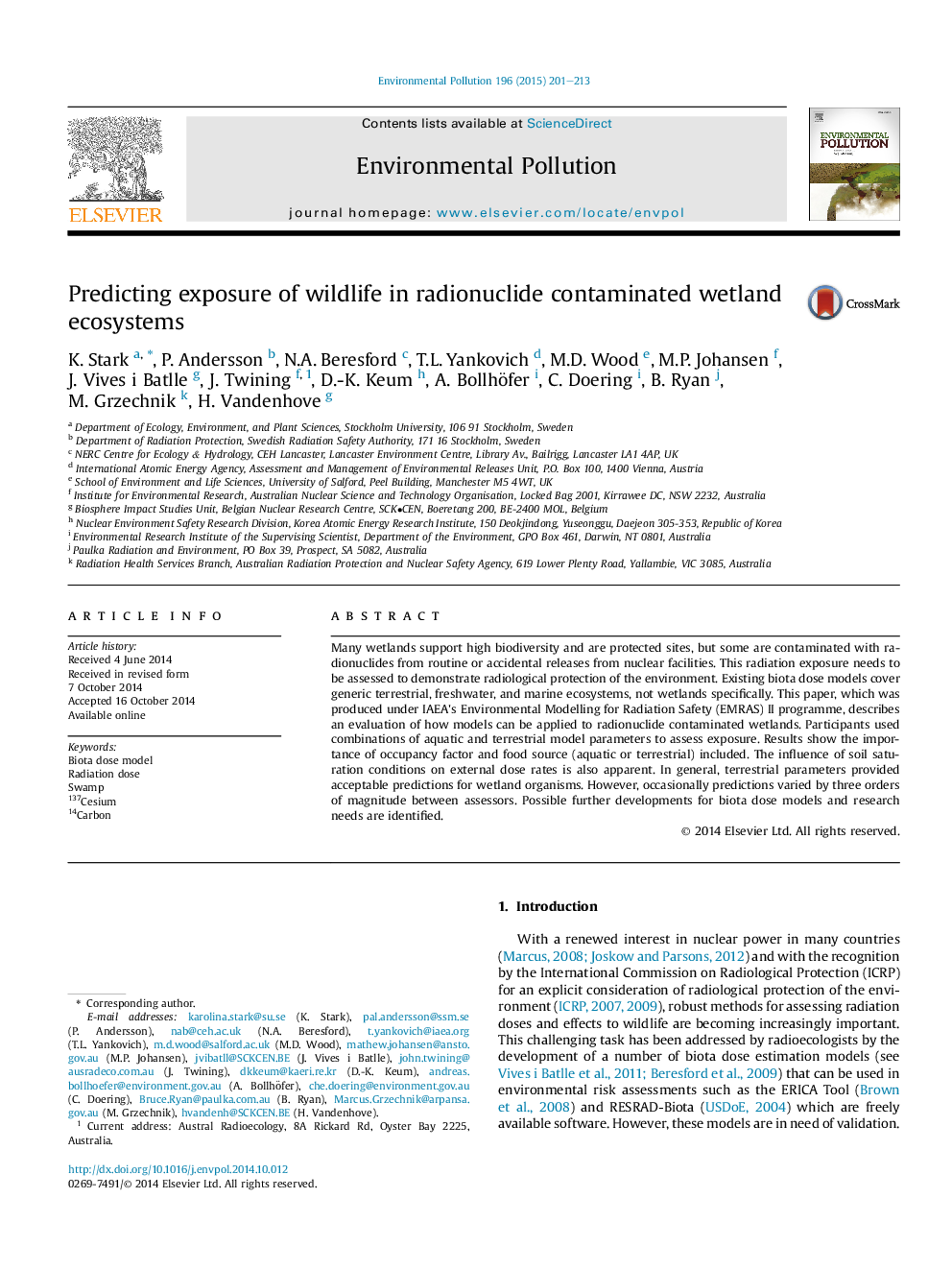 Predicting exposure of wildlife in radionuclide contaminated wetland ecosystems