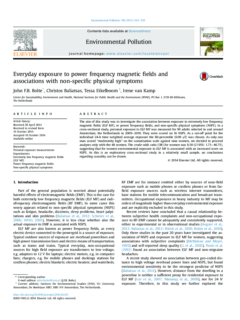 Everyday exposure to power frequency magnetic fields and associations with non-specific physical symptoms