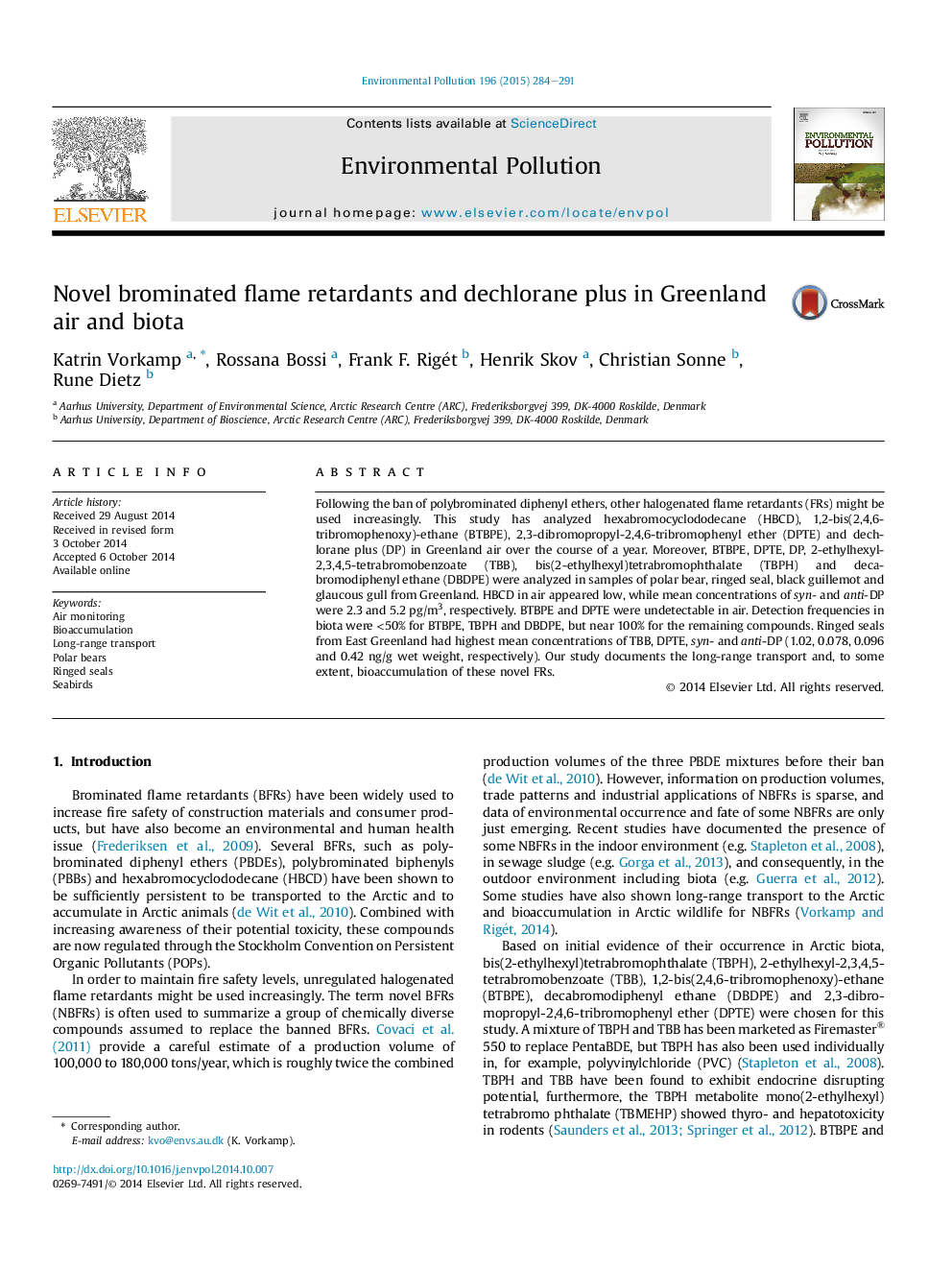 Novel brominated flame retardants and dechlorane plus in Greenland air and biota