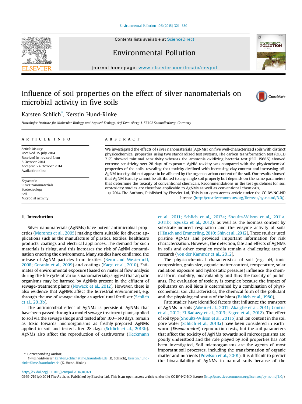 Influence of soil properties on the effect of silver nanomaterials on microbial activity in five soils