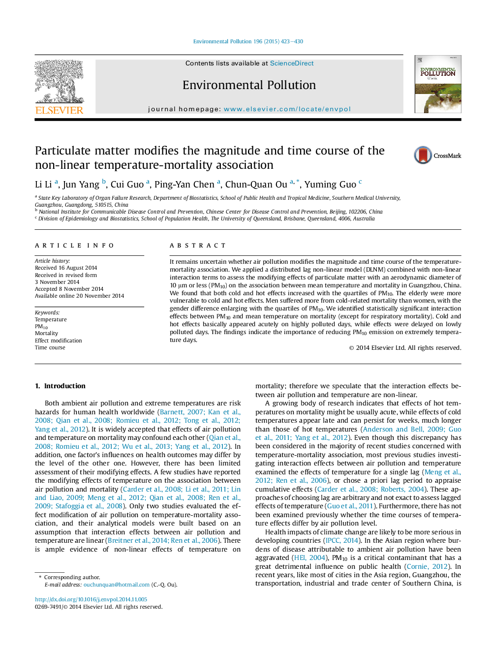 Particulate matter modifies the magnitude and time course of the non-linear temperature-mortality association