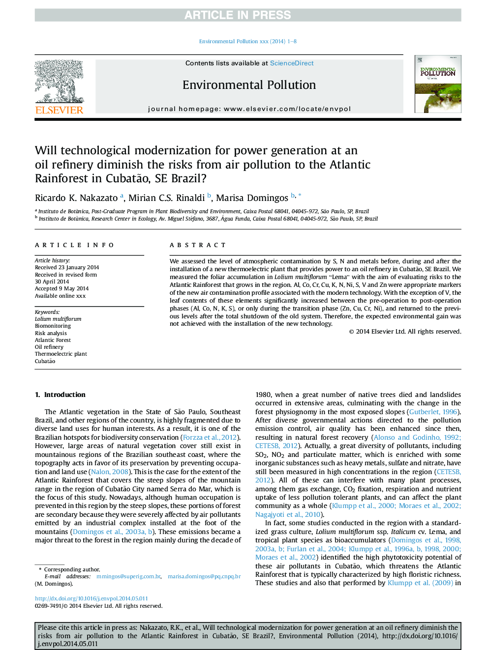 Will technological modernization for power generation at an oil refinery diminish the risks from air pollution to the Atlantic Rainforest in CubatÃ£o, SE Brazil?