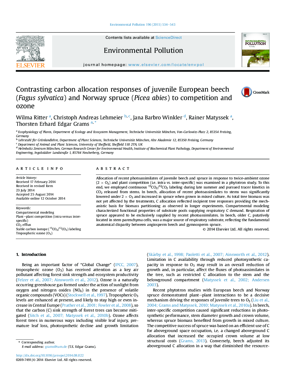 Contrasting carbon allocation responses of juvenile European beech (Fagus sylvatica) and Norway spruce (Picea abies) to competition and ozone