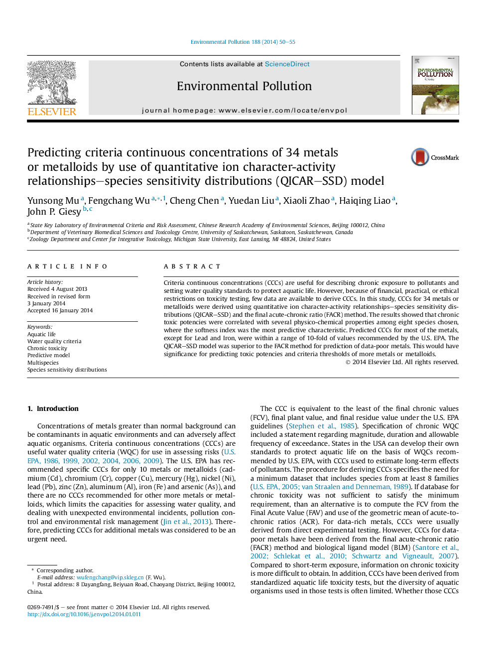 Predicting criteria continuous concentrations of 34 metals or metalloids by use of quantitative ion character-activity relationships-species sensitivity distributions (QICAR-SSD) model