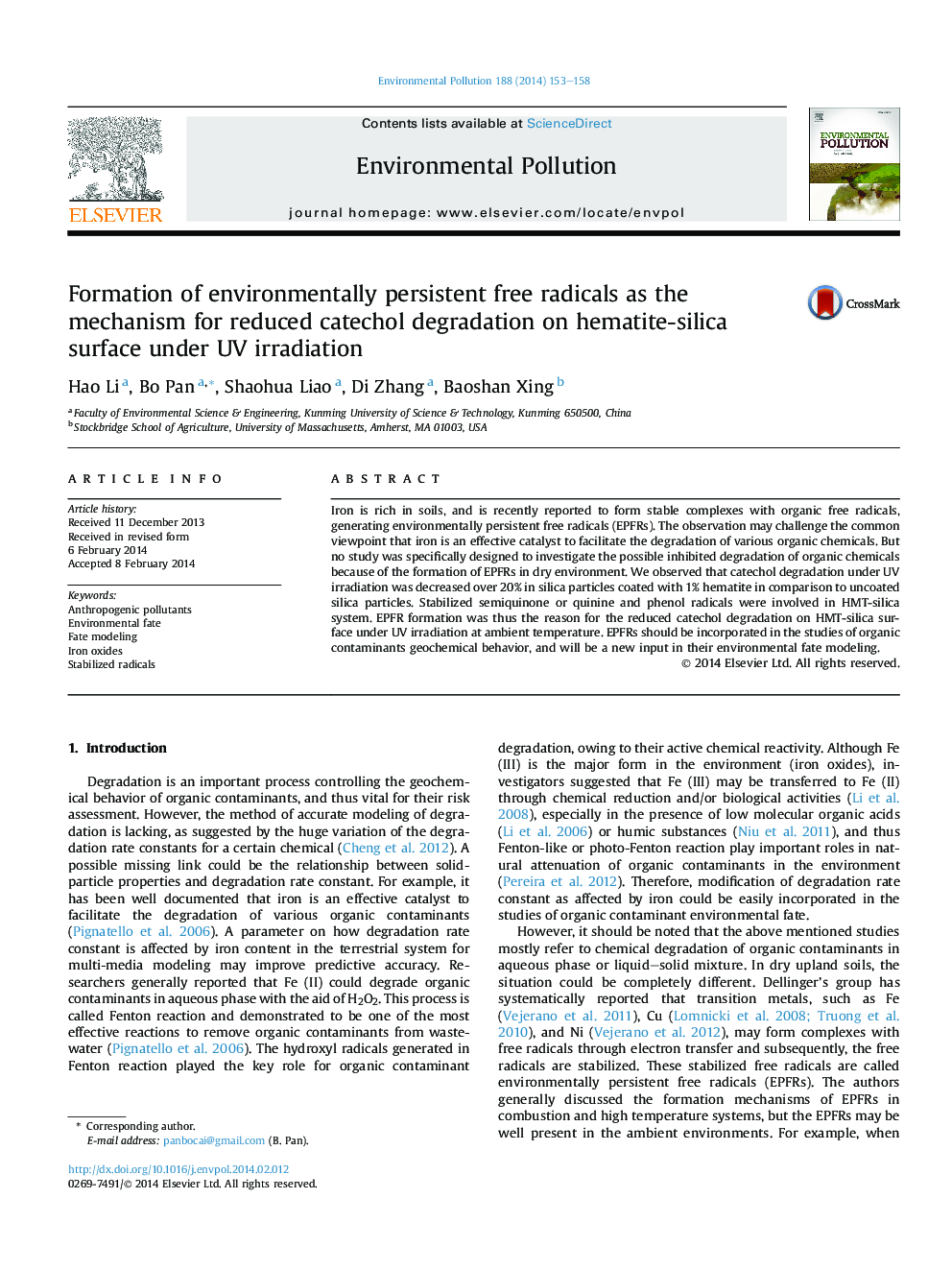 Formation of environmentally persistent free radicals as the mechanism for reduced catechol degradation on hematite-silica surface under UV irradiation