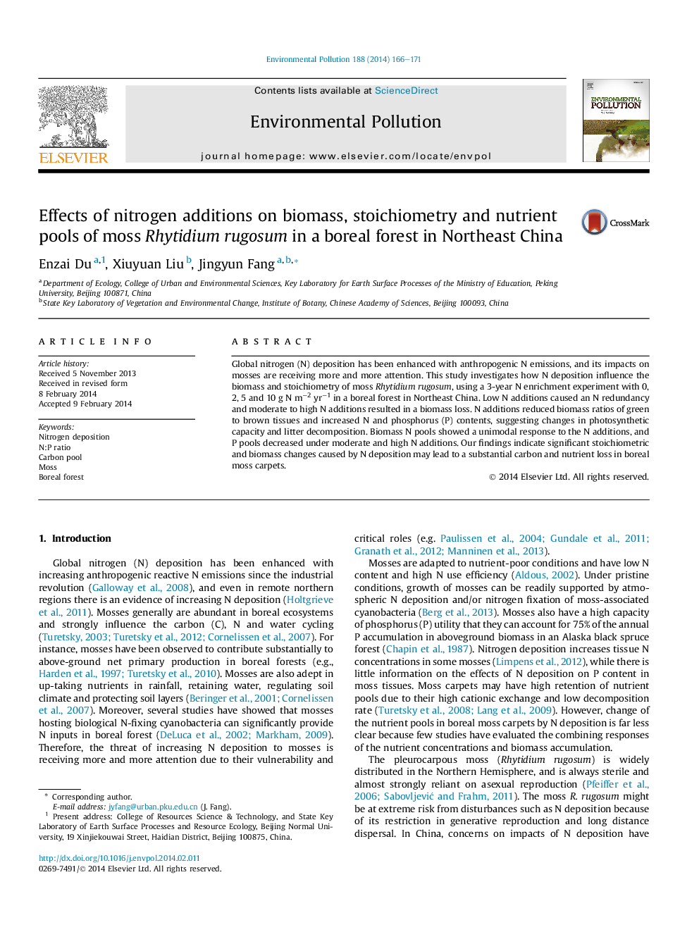 Effects of nitrogen additions on biomass, stoichiometry and nutrient pools of moss Rhytidium rugosum in a boreal forest in Northeast China