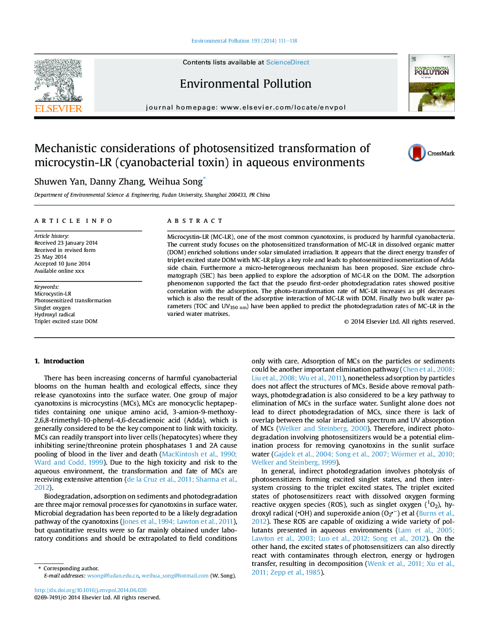 Mechanistic considerations of photosensitized transformation of microcystin-LR (cyanobacterial toxin) in aqueous environments