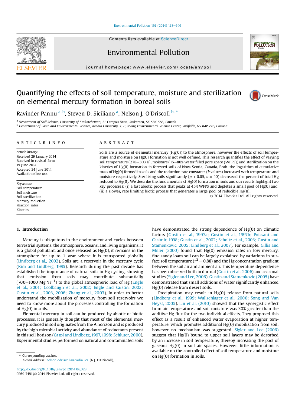 Quantifying the effects of soil temperature, moisture and sterilization on elemental mercury formation in boreal soils