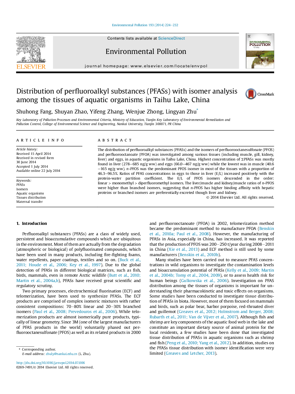 Distribution of perfluoroalkyl substances (PFASs) with isomer analysis among the tissues of aquatic organisms in Taihu Lake, China