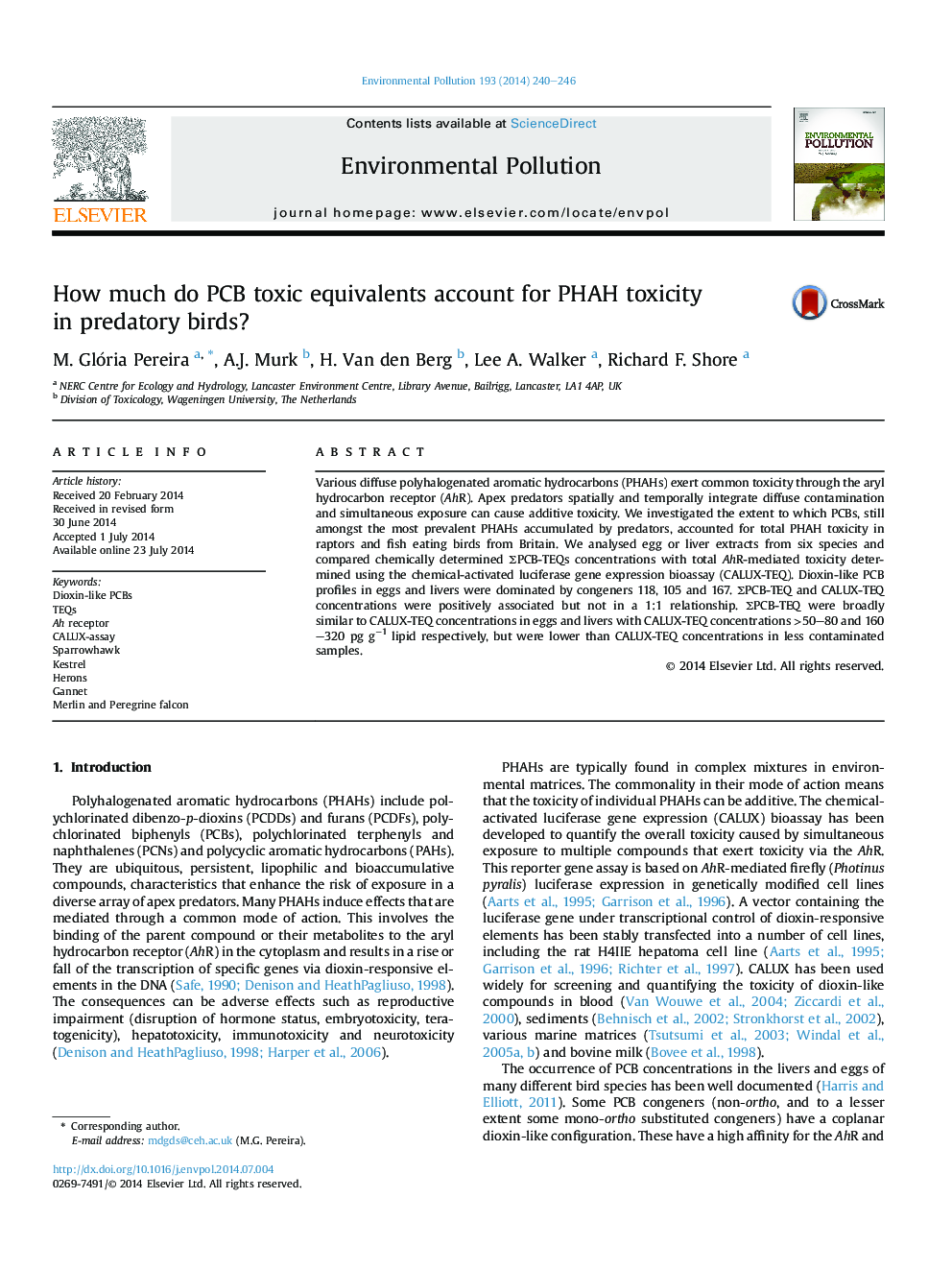 How much do PCB toxic equivalents account for PHAH toxicity in predatory birds?