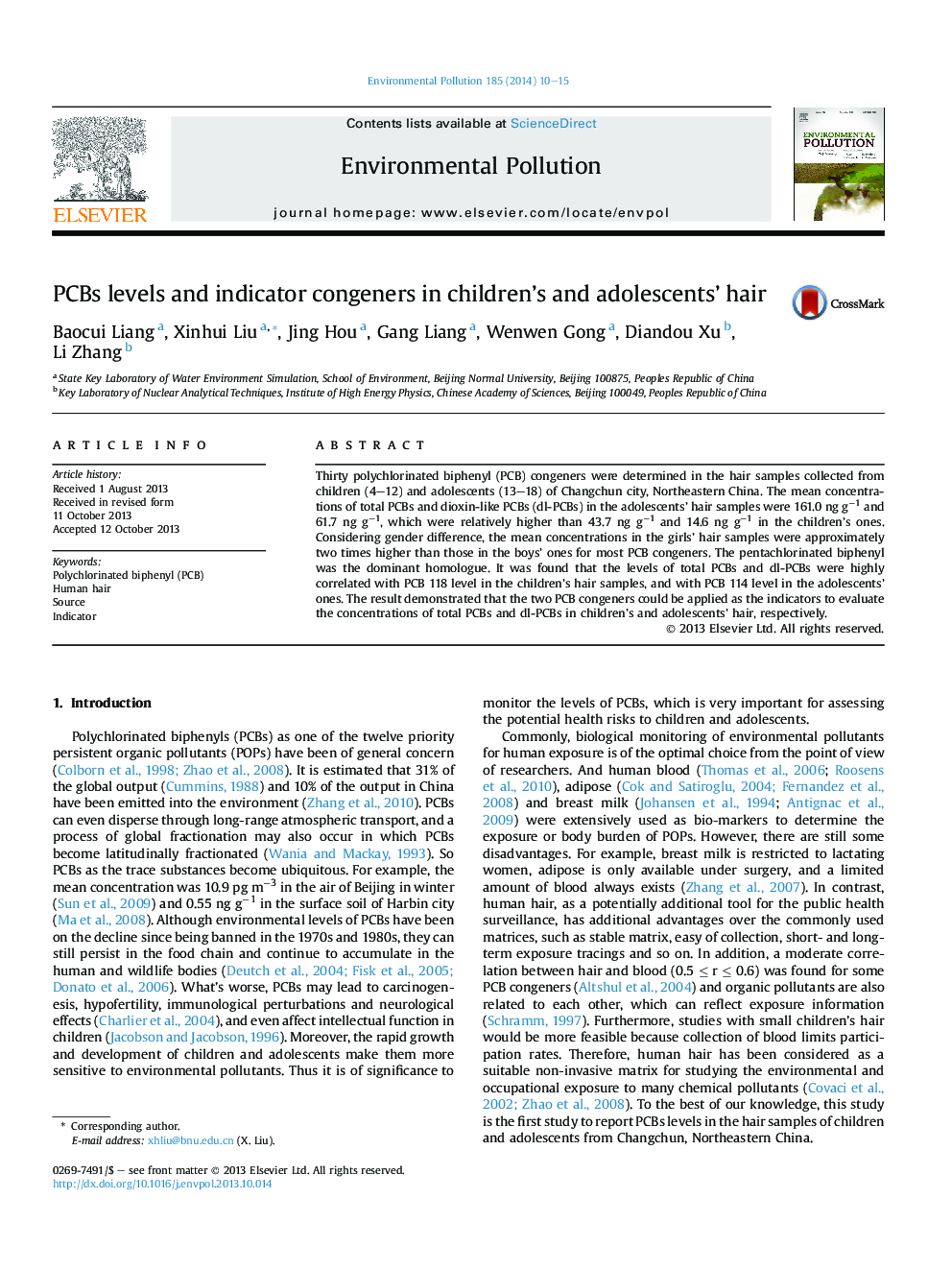 PCBs levels and indicator congeners in children's and adolescents' hair