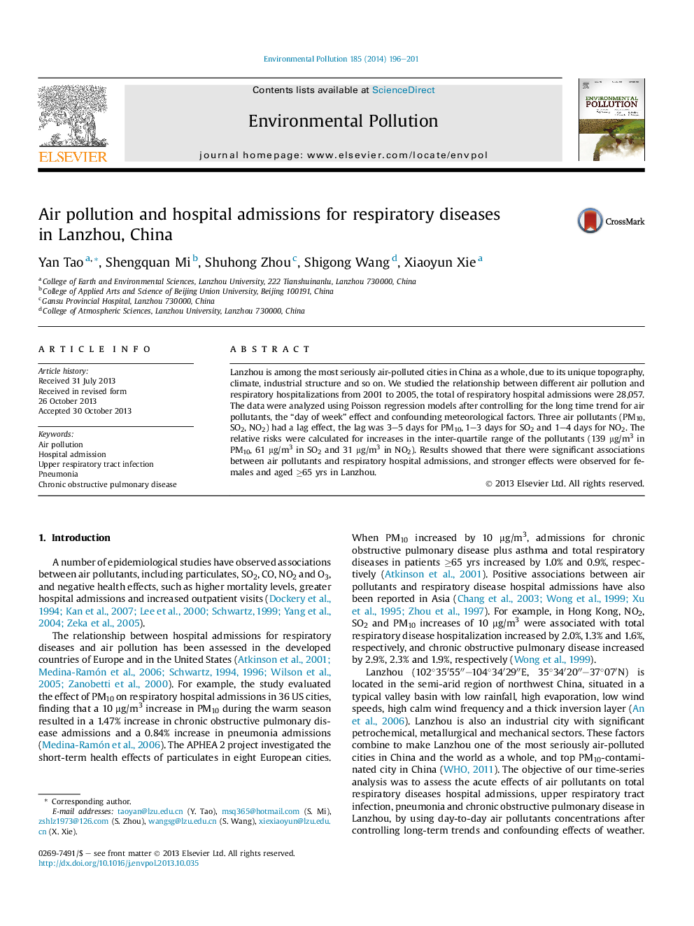 Air pollution and hospital admissions for respiratory diseases in Lanzhou, China