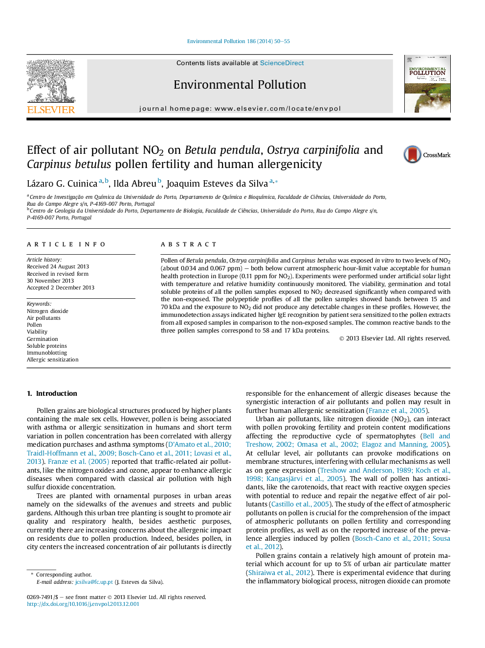 Effect of air pollutant NO2 on Betula pendula, Ostrya carpinifolia and Carpinus betulus pollen fertility and human allergenicity