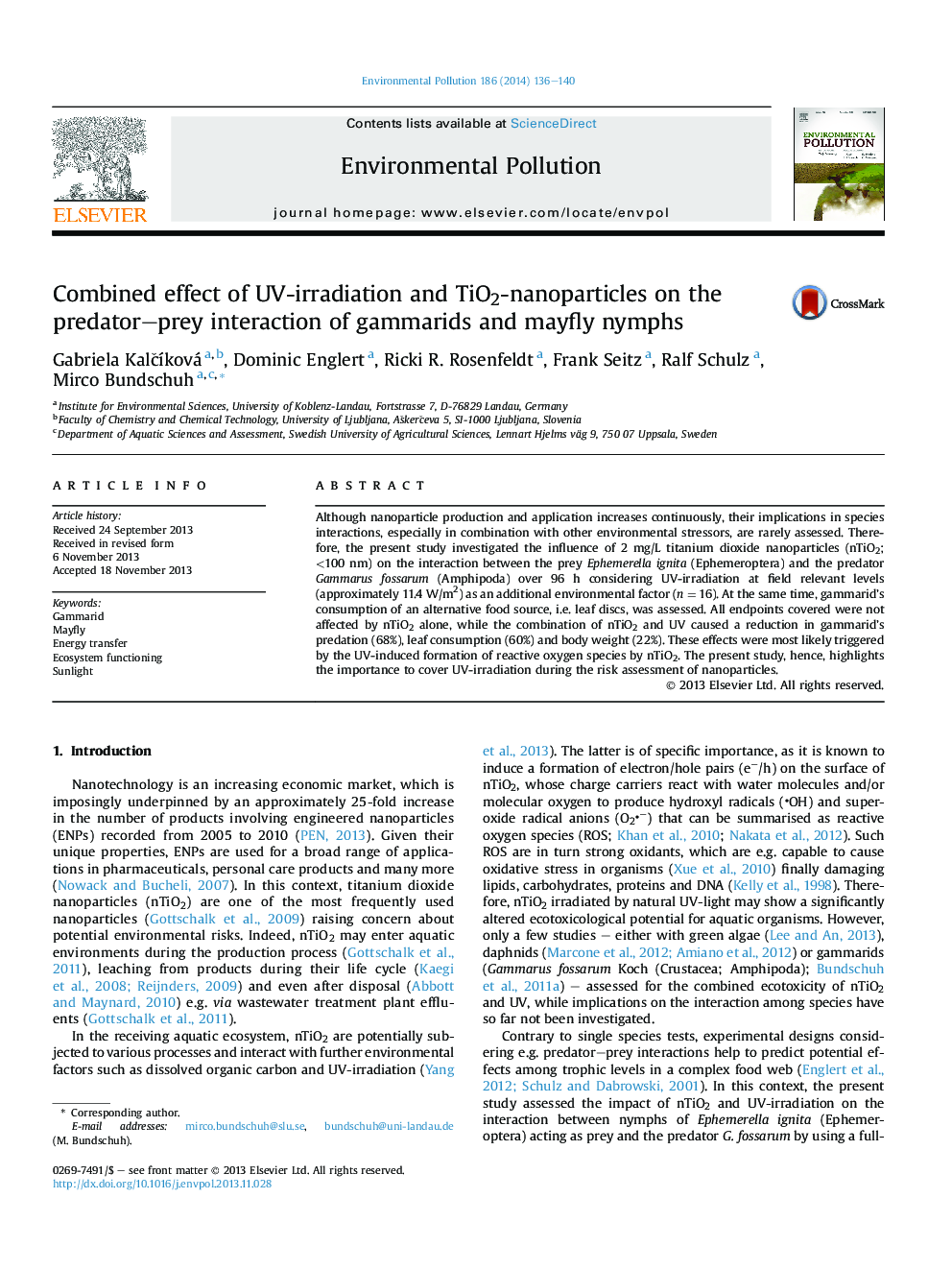 Combined effect of UV-irradiation and TiO2-nanoparticles on the predator-prey interaction of gammarids and mayfly nymphs