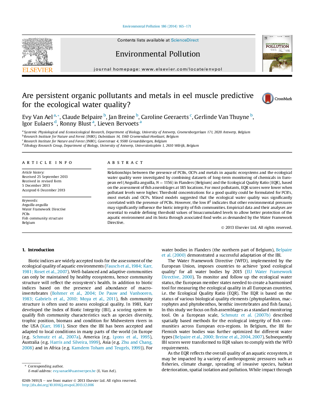 Are persistent organic pollutants and metals in eel muscle predictive for the ecological water quality?