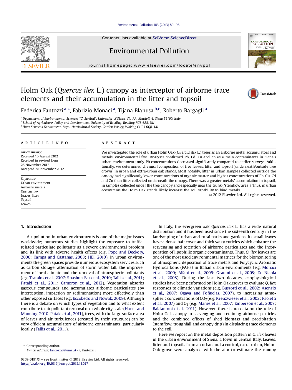 Holm Oak (Quercus ilex L.) canopy as interceptor of airborne trace elements and their accumulation in the litter and topsoil