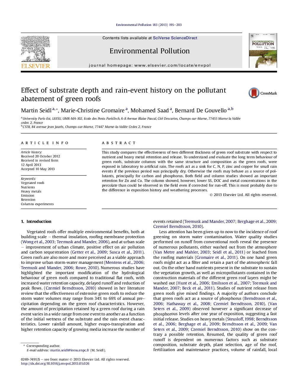 Effect of substrate depth and rain-event history on the pollutant abatement of green roofs