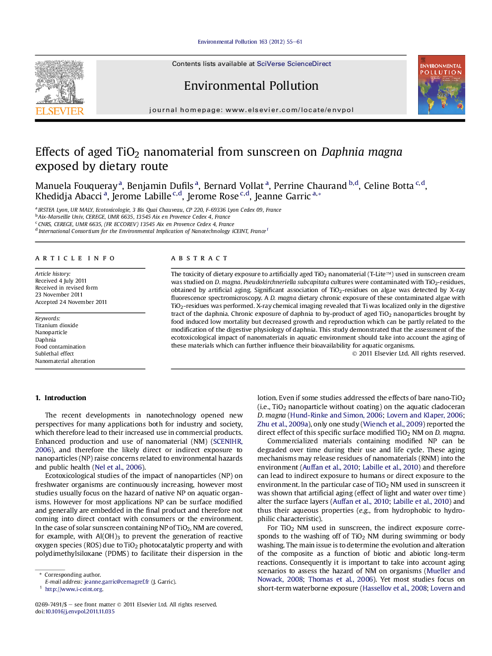 Effects of aged TiO2 nanomaterial from sunscreen on Daphnia magna exposed by dietary route