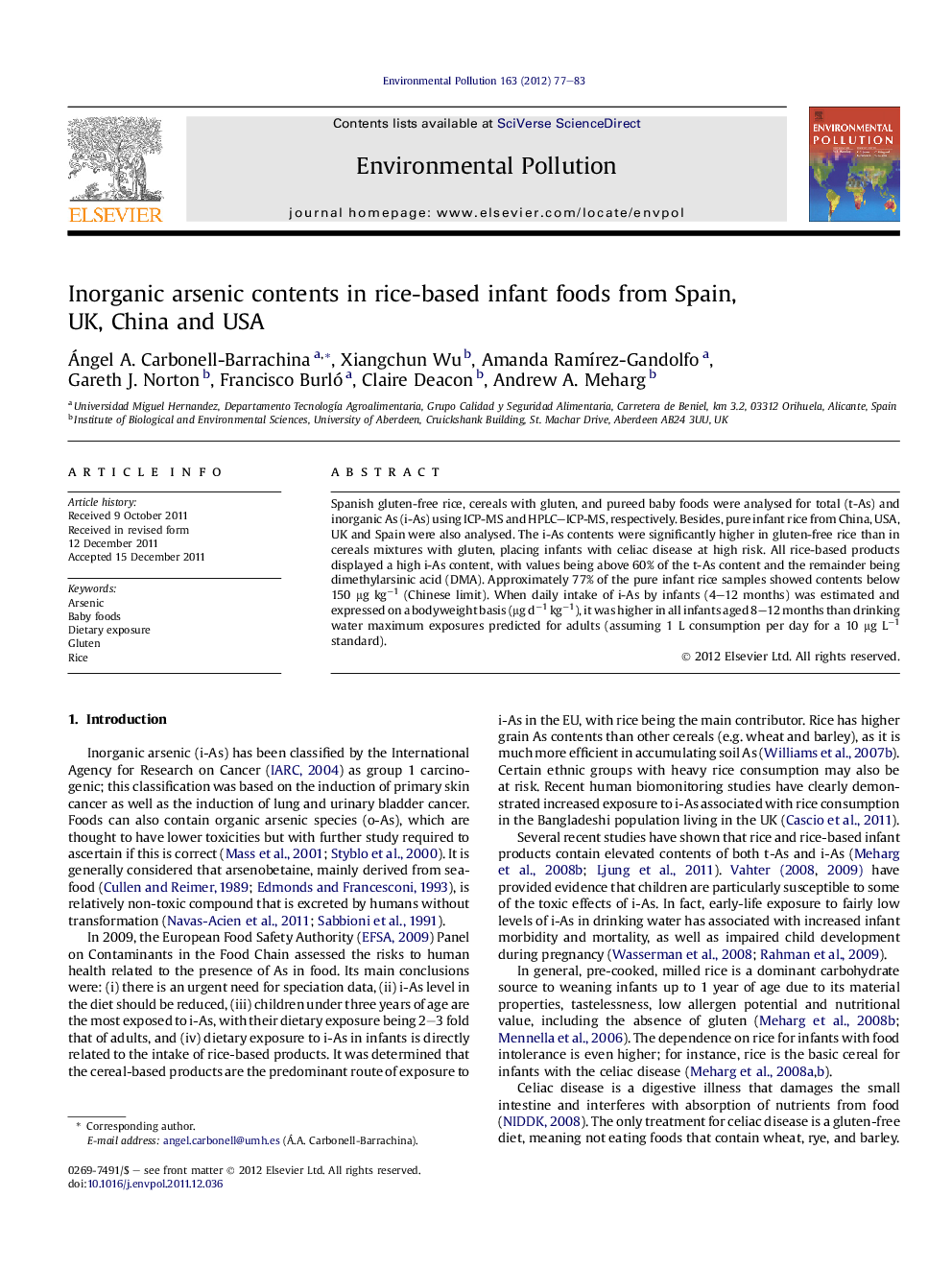 Inorganic arsenic contents in rice-based infant foods from Spain, UK, China and USA