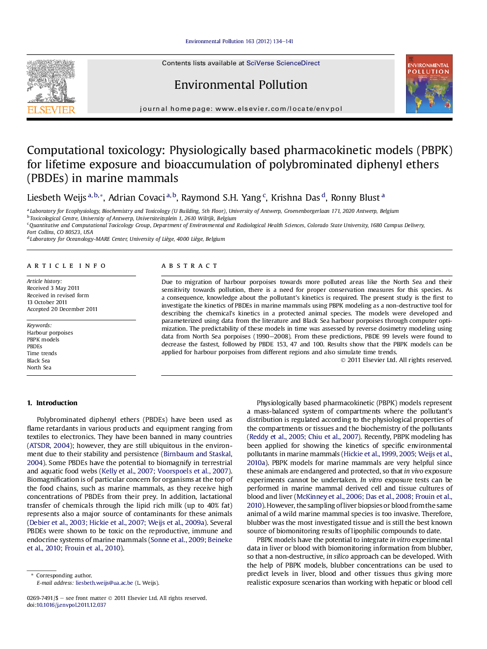 Computational toxicology: Physiologically based pharmacokinetic models (PBPK) for lifetime exposure and bioaccumulation of polybrominated diphenyl ethers (PBDEs) in marine mammals