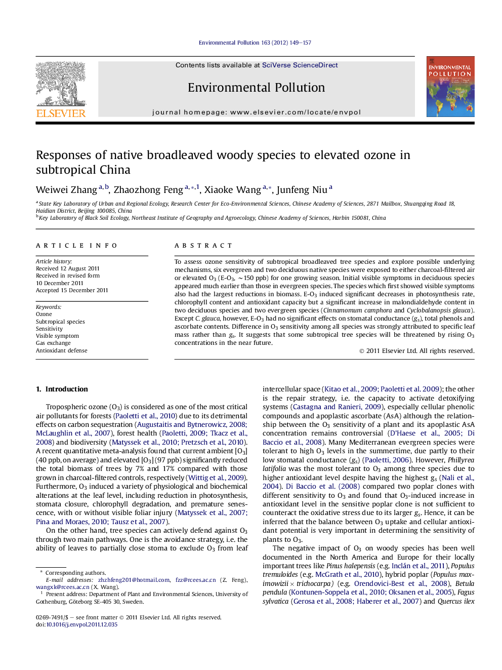 عکس صفحه اول مقاله: Responses of native broadleaved woody species to elevated ozone in subtropical China Responses of native broadleaved woody species to elevated ozone in subtropical China