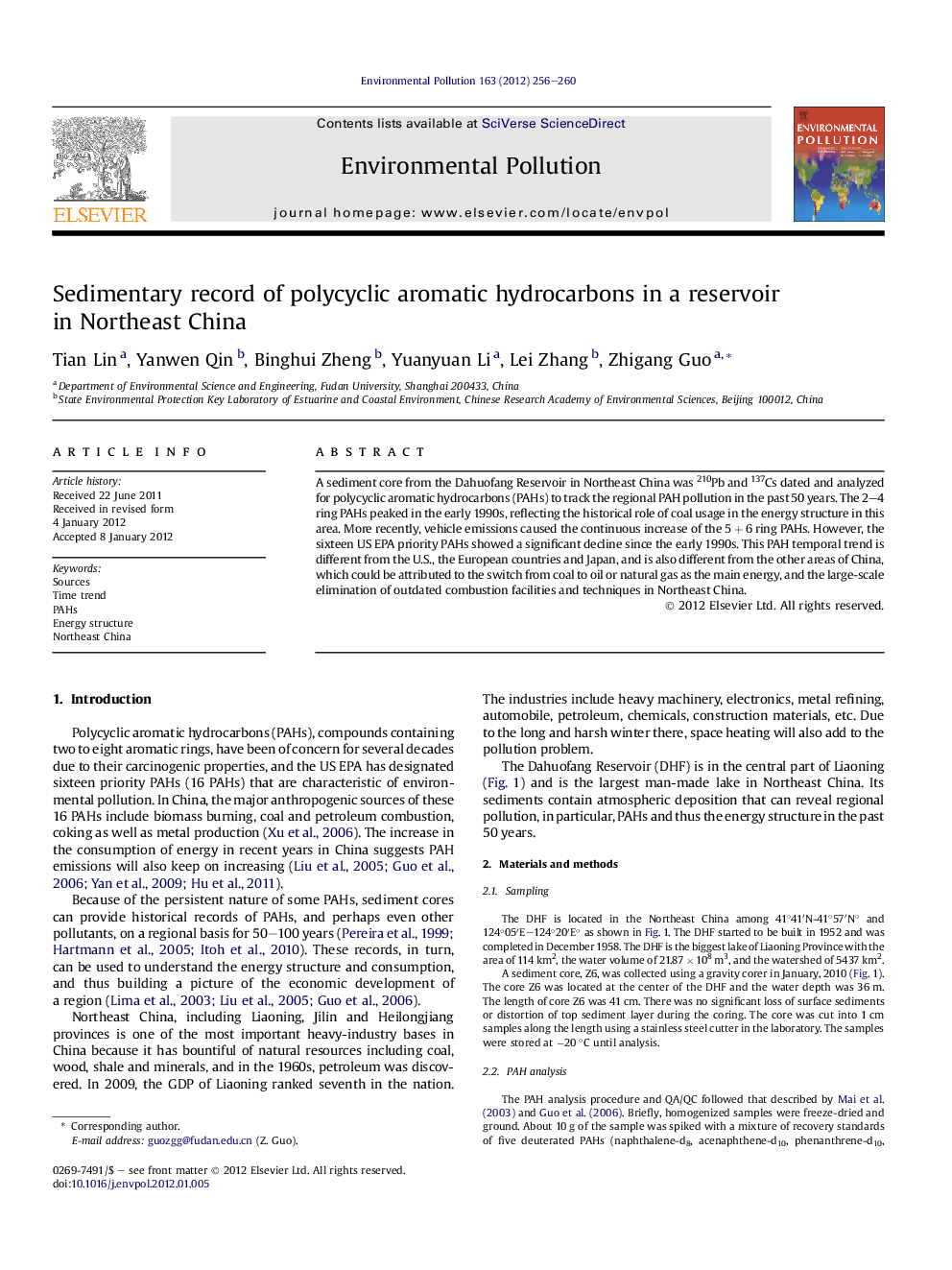 Sedimentary record of polycyclic aromatic hydrocarbons in a reservoir in Northeast China